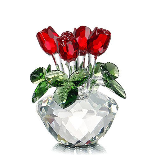 H&D - Figura decorativa de ramo de flores de cristal y rosa roja en caja de regalo