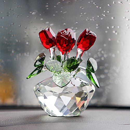 H&D - Figura decorativa de ramo de flores de cristal y rosa roja en caja de regalo