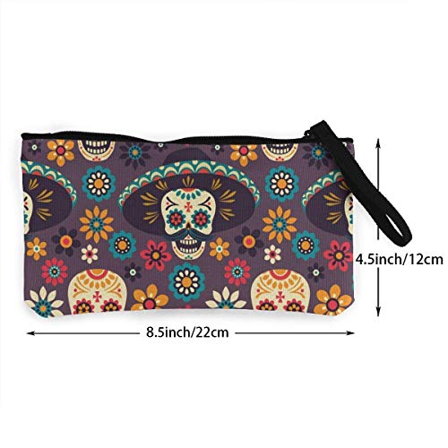 Hdadwy Día de los Muertos, Calaveras de azúcar y Flores sobre Lienzo Oscuro con Cremallera, Bolso de Maquillaje Personalizado para Dama, Bolso, Maleta, Accesorios para Mujer