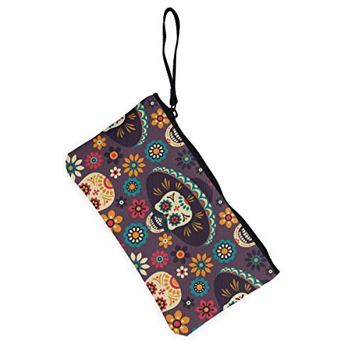 Hdadwy Día de los Muertos, Calaveras de azúcar y Flores sobre Lienzo Oscuro con Cremallera, Bolso de Maquillaje Personalizado para Dama, Bolso, Maleta, Accesorios para Mujer