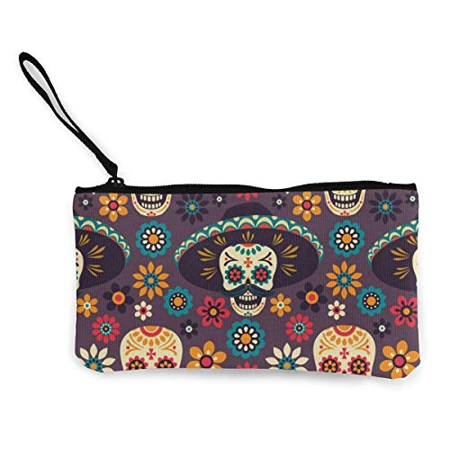 Hdadwy Día de los Muertos, Calaveras de azúcar y Flores sobre Lienzo Oscuro con Cremallera, Bolso de Maquillaje Personalizado para Dama, Bolso, Maleta, Accesorios para Mujer