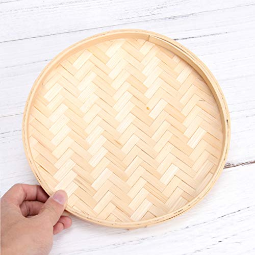 HEALLILY Bandeja Redonda de Madera de Bambú Bandeja de Mimbre Plana Redonda de Mimbre Tradicional Bandeja de Cesta Bandeja Suministros de Madera DIY 22 Cm