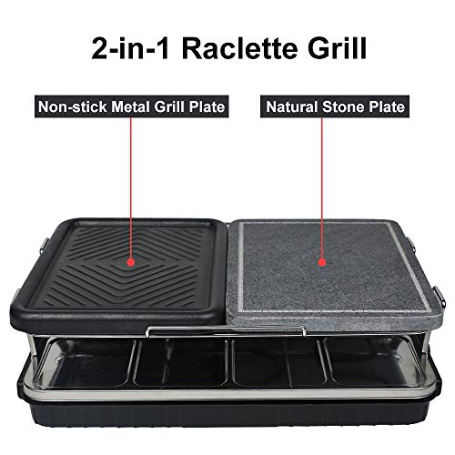 HengBO Raclette Grill con Piedra Natural y Placa Raclette 8 Personas 2-IN-1 Grill, Termostato Regulable, Antiadherente, Incluye 8 Mini-Sartenes y 4 Espátulas - 1300W, Negro