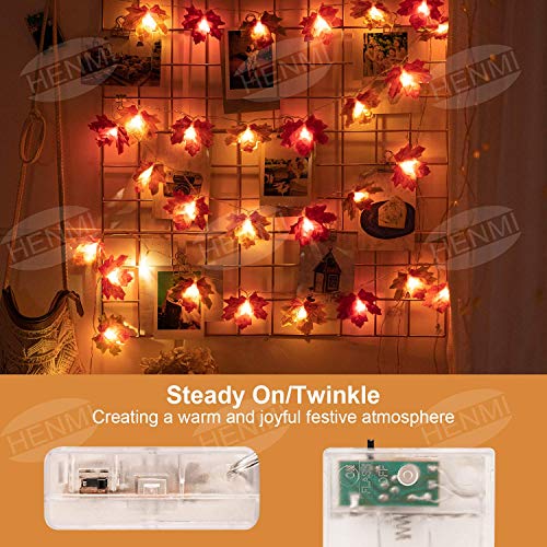 HENMI - Cadena de luces con 20 luces LED de hoja de arce, guirnalda de luces para otoño y Navidad, decoración para exteriores