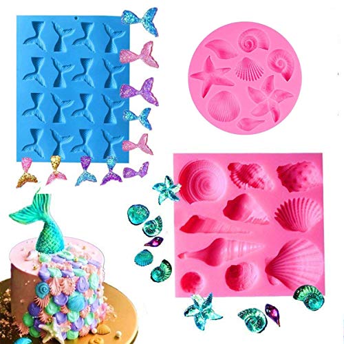 Herefun 3 Paquetes moldes de pastel de silicona fondant, DIY moldes cake mold alimentos Serie Océano 3D de silicona torta de la pasta de chocolate para Hornea Colas de Sirena