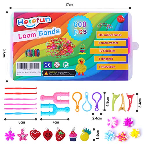 Herefun 600Pcs DIY de Bandas de Goma Loom Kit, Banda Goma de Colores Caja Pulseras Gomas con Colgante Cuentas Marcos de Telar Herramientas de Tejer Brazaletes y Loom Juguete Juego Creativo para Niños