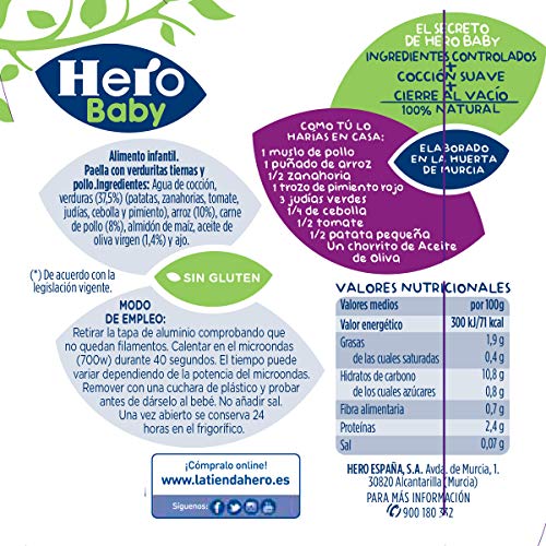 Hero Baby Cocina Mediterránea Paella con Verduritas Tiernas y Pollo Tarritos de Puré para Bebés a partir de 6 meses, 200 g