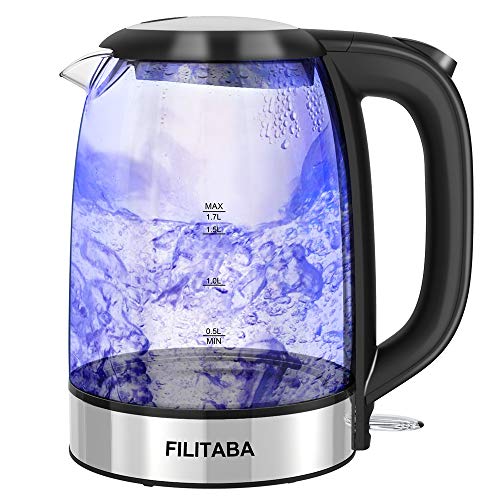 Hervidor de Agua Eléctrico,Hervidor de Agua de Vidrio 1.7L con luz indicadora LED azul,hervidor de té sin BPA con apagado automático y protección contra ebullición,ebullición rápida Hervidor eléctrico