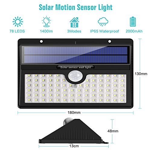 HETP Luz Solar/Foco Solar Exterior LED con Sensor de Movimiento 2000mAh Iluminación de Seguridad 2 Piezas Luces Solares/Lámpara Solar Exterior Inalámbrico Impermeable para Jardín, Garaje, Camino