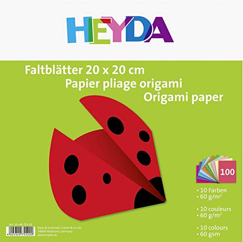 Heyda 204875520 - Paquete de 100 hojas de papel para origami (20 x 20 cm, 60 g/m²), colores variados