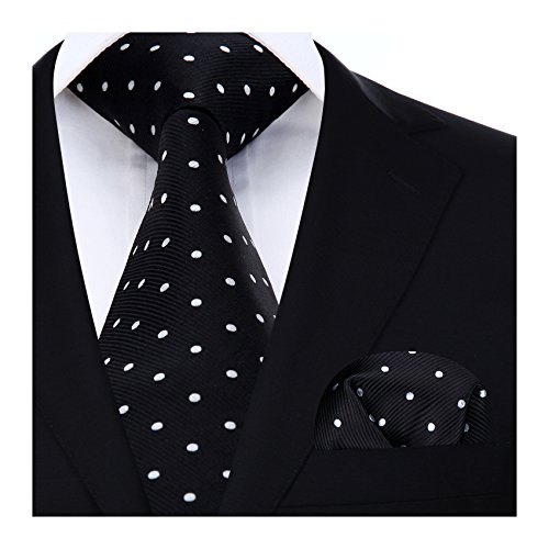 HISDERN Dot Floral Wedding Tie Panuelo para hombres Corbata y bolsillo cuadrado Pure negro/blanco