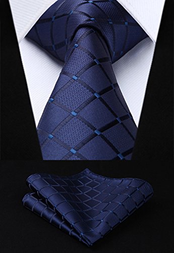 HISDERN extralarga Comprobar Panuelo de lazo Hombres Corbata & Plaza de bolsillo Conjunto azul marino