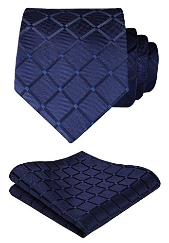 HISDERN extralarga Comprobar Panuelo de lazo Hombres Corbata & Plaza de bolsillo Conjunto azul marino