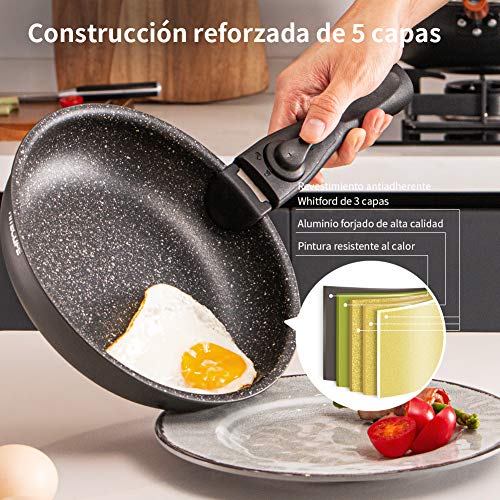 HITECLIFE Juego de sartenes para freír, 4 piezas, sartén antiadherente de aluminio con mango desmontable, 5 capas de sartenes de inducción sin productos químicos, apto para horno y lavavajillas