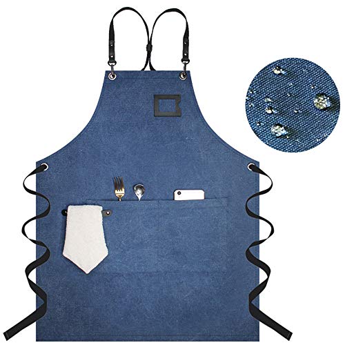 HLDUYIN Delantal Duradero De Lona Delantal De Trabajo para Mujer Hombre con Práctico Bolsillo Delantal Profesional para Cocinar En La Parrilla Y Hornear Correas Cruzadas,Azul,B