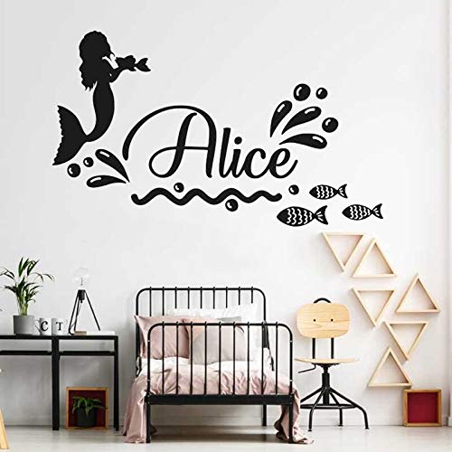 HNXDP Calcomanías de sirena de nombres personalizados con calcomanía de pared de nombre Pegatinas de pared de sirena para habitación de niña Decoración de paredes de guardería náutica 60cmX35cm