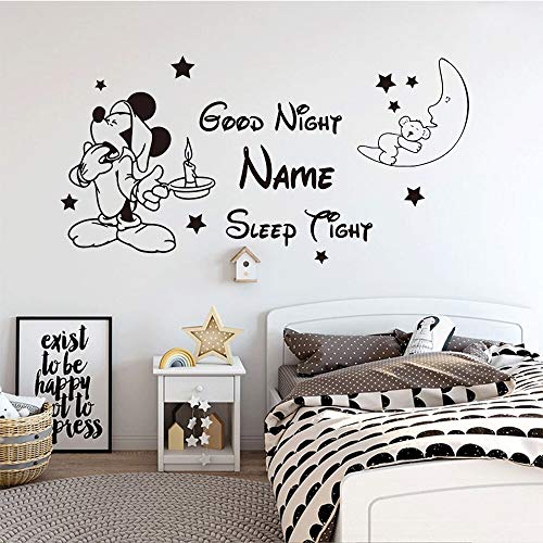 HNXDP Custom Name Mouse Good Night Sleep Wall Sticker Baby Nursery Kids Room Personalized Name Baby Mouse Moon Wall Decal 57x30cm