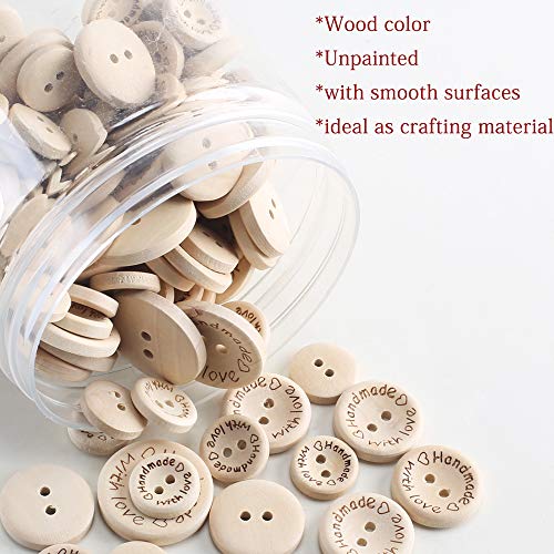 HO2NLE 140PCS Botones Madera 25mm 20mm 15mm Boton Madera Natural Hecho a Mano Redondo Botones Madera Manualidades Handmade with Love para Costura Scrapbooking Artesanía DIY Bricolaje Patchwork