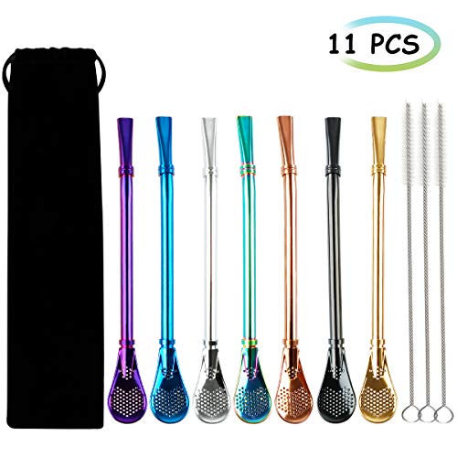 Hobylabs Pajitas Reutilizables de metal para beber Cuchara 11PCS reutilizables Cuchara Pajas 3 cepillo de limpieza