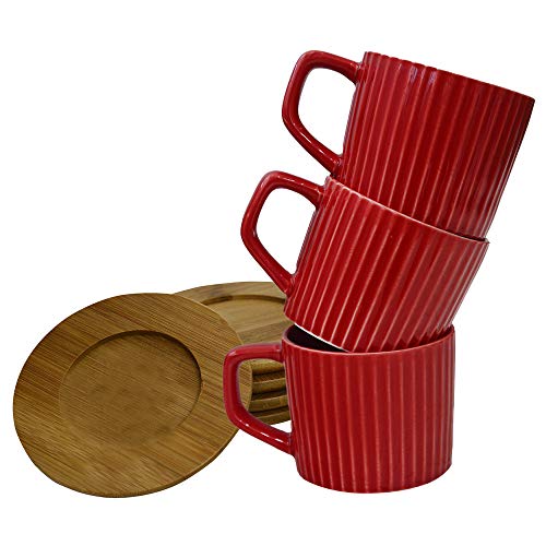 Hogar y Mas Juego de café Moderno, con Tazas Rojas y Platos de bambú, con Soporte de bambú para Cocina