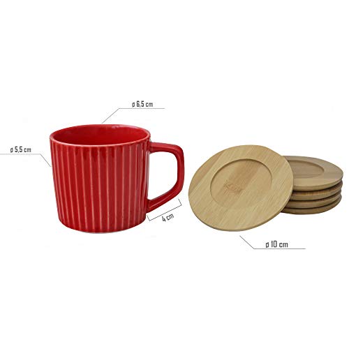 Hogar y Mas Juego de café Moderno, con Tazas Rojas y Platos de bambú, con Soporte de bambú para Cocina