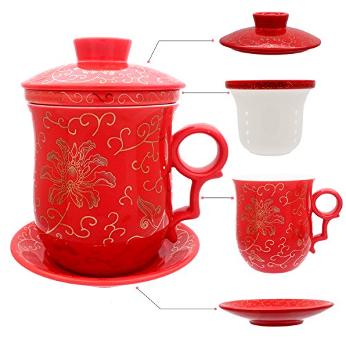 HOLLIHI porcelana taza de té con tapa y platillo infusor Sets – chino Jingdezhen cerámica taza de café de té sistema de preparación de té para oficina en casa