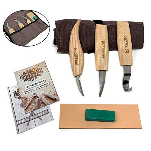 Holzwurm - Juego de cuchillos de tallar (madera, incluye funda, instrucciones y plantillas, ideal para tallar cuchara