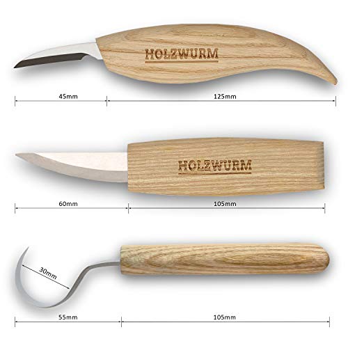 Holzwurm - Juego de cuchillos de tallar (madera, incluye funda, instrucciones y plantillas, ideal para tallar cuchara