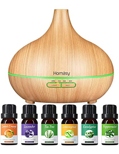 Homasy 500ml Difusor de Aromaterapia con 6 Botellas de Aceite Esencial 100% Puro, Difusor de Aroma Silencioso y Silencioso, 7 Luces LED de Color, sin BPA para el Hogar y la Oficina, Amarillo