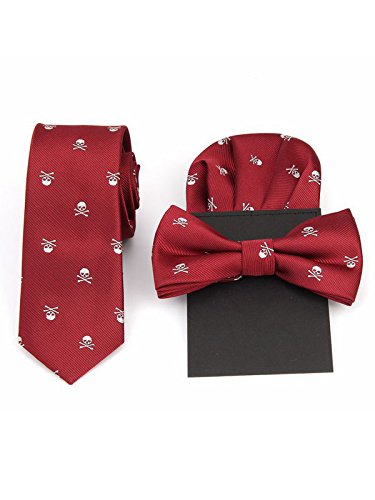 Hombre 6cm Corbata & Pajaritas & Pañuelo de Bolsillo 3 en 1 Set Moda Casual Cool - Calavera Patrón Rojo Bordeaux