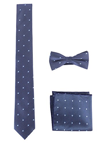 Hombre Pajarita Corbata Pañuelo de Bolsillo 3 en 1 Set - Pajarita Clásica 6*12 cm & Corbata Estrecha 6 cm & Pañuelo Floral Puntos Azul