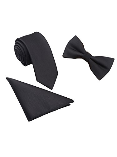 Hombre Pajarita Corbata Pañuelo de Bolsillo 3 en 1 Set - Pajarita Clásica 6*12 cm & Corbata Estrecha 6 cm & Pañuelo Liso Negro