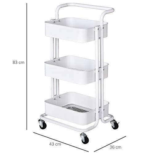 HOMCOM Carrito Auxiliar de 3 Niveles con Ruedas y 3 Baldas Malla Metálica para Cocina Oficina Baño Carro Multiuso de Almacenamiento con Pasamanos Carga de 20kg Blanco 44x38x88cm