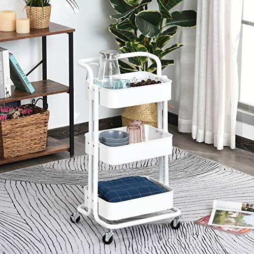 HOMCOM Carrito Auxiliar de 3 Niveles con Ruedas y 3 Baldas Malla Metálica para Cocina Oficina Baño Carro Multiuso de Almacenamiento con Pasamanos Carga de 20kg Blanco 44x38x88cm