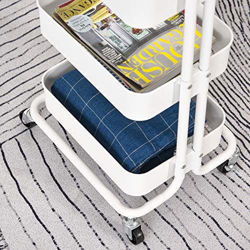 HOMCOM Carrito Auxiliar de 3 Niveles con Ruedas y 3 Baldas Malla Metálica para Cocina Oficina Baño Carro Multiuso de Almacenamiento con Pasamanos Carga de 20kg Blanco 44x38x88cm