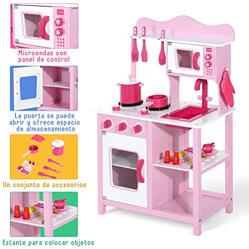 HOMCOM Cocina de Juguete para Niños Set Juego Cocinita Madera Infantil 3 Años Juego de Imitación 60x30x84.5cm Rosa