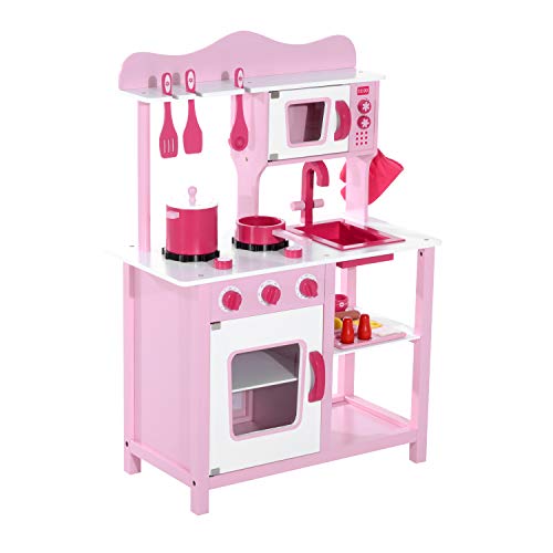 HOMCOM Cocina de Juguete para Niños Set Juego Cocinita Madera Infantil 3 Años Juego de Imitación 60x30x84.5cm Rosa