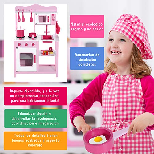 HOMCOM Cocina de Juguete para Niños Set Juego Cocinita Madera Infantil 3 Años Juego de Imitación 60x30x84.5cm Rosa