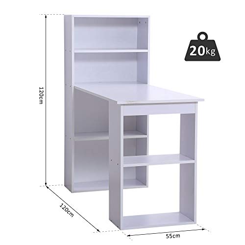 HOMCOM Mesa con Estantería Reversible Mesa de Ordenador para Hogar Oficina Escuela 120x55x120cm Blanco