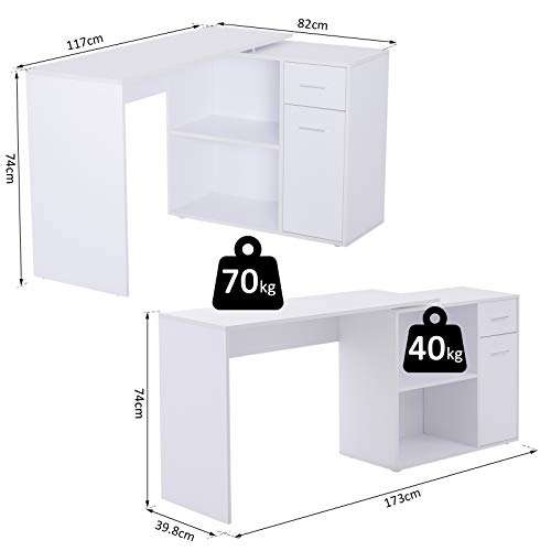 HOMCOM Mesa de Ordenador Escritorio Mesa Esquinera con Librería Oficina Multi-Formas Giratorio 180° con 2 Estantes 1 Cajón 1 Puerta Mesa de Despacho Escuela Estudio Madera