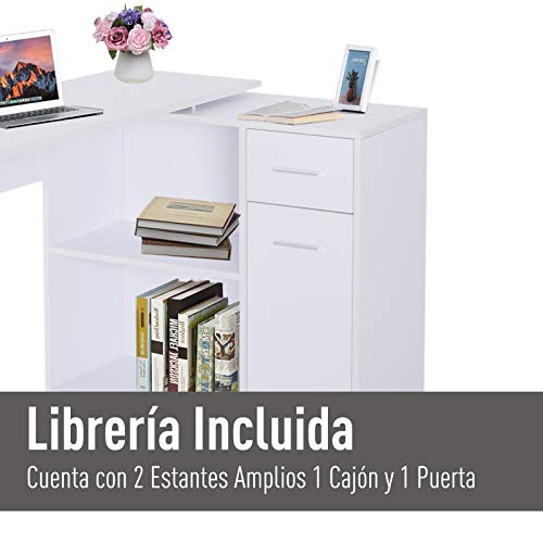 HOMCOM Mesa de Ordenador Escritorio Mesa Esquinera con Librería Oficina Multi-Formas Giratorio 180° con 2 Estantes 1 Cajón 1 Puerta Mesa de Despacho Escuela Estudio Madera