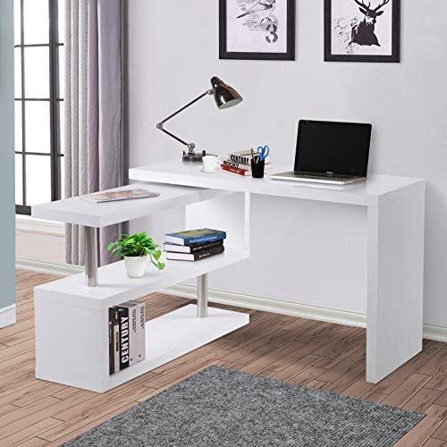 HOMCOM Mesa de Ordenador Mesa de Oficina Reversible para Hogar Escuela 2 Estantes 187,5X 50 x76,1cm Madera Blanco