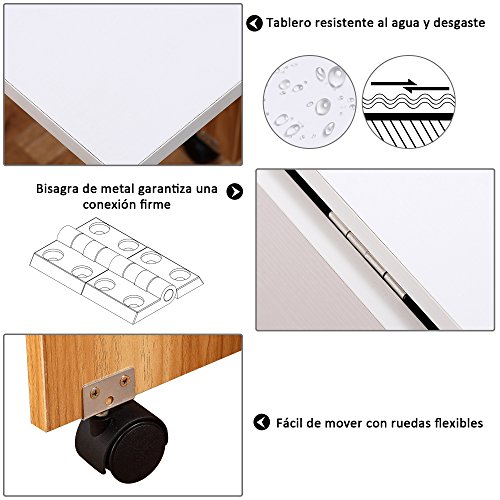 HOMCOM Mesa Plegable con Ruedas Estante Multifuncional para Comedor Salón 3 Formas Mesa Auxiliar Mesa Auxiliar Blanco y Madera