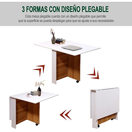 HOMCOM Mesa Plegable con Ruedas Estante Multifuncional para Comedor Salón 3 Formas Mesa Auxiliar Mesa Auxiliar Blanco y Madera