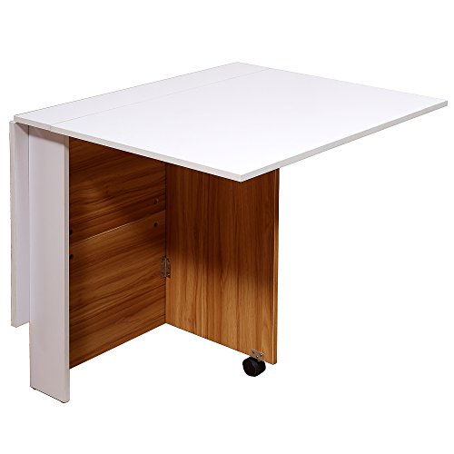 HOMCOM Mesa Plegable con Ruedas Estante Multifuncional para Comedor Salón 3 Formas Mesa Auxiliar Mesa Auxiliar Blanco y Madera