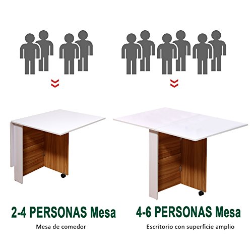 HOMCOM Mesa Plegable con Ruedas Estante Multifuncional para Comedor Salón 3 Formas Mesa Auxiliar Mesa Auxiliar Blanco y Madera