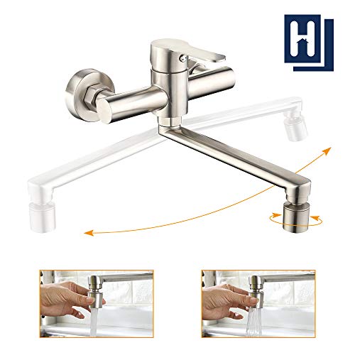 Homelody Grifo de Cocina 2 Funciones 180° Giratorio Acero Inoxidable Cepillado con Aireador Montaje en Pared