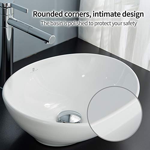 HOMELODY Lavabo de Baño Cerámico Redondo Blanco 41cm con Desagüe y Sifón Tratamiento Antical y Antibacteriano Lavabo de Porcelana Circular sobre Encimera para Baño Aseo