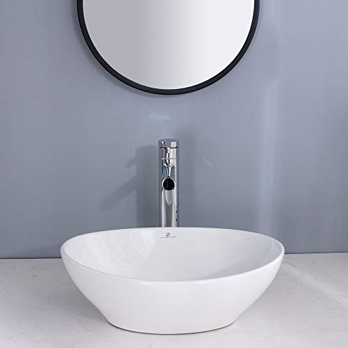 HOMELODY Lavabo de Baño Cerámico Redondo Blanco 41cm con Desagüe y Sifón Tratamiento Antical y Antibacteriano Lavabo de Porcelana Circular sobre Encimera para Baño Aseo