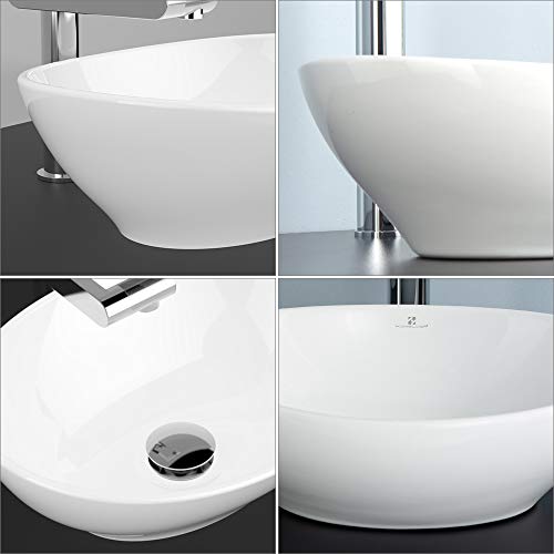 HOMELODY Lavabo de Baño Cerámico Redondo Blanco 41cm con Desagüe y Sifón Tratamiento Antical y Antibacteriano Lavabo de Porcelana Circular sobre Encimera para Baño Aseo